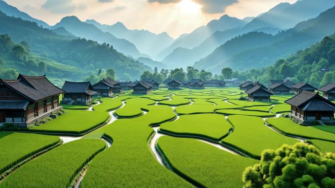 梯田日出景观梯田航拍素材丰收季节
