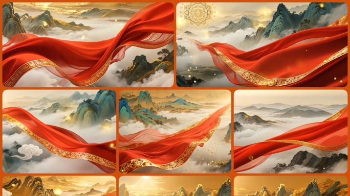国风红绸祥云山水中国风大气开场国风山水