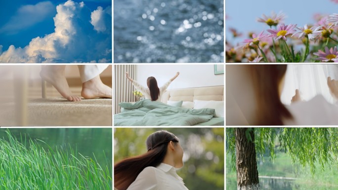女生起床散步悠闲惬意