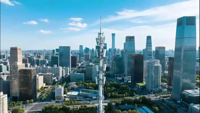 北京CBD城市天际线信号塔5G基站航拍