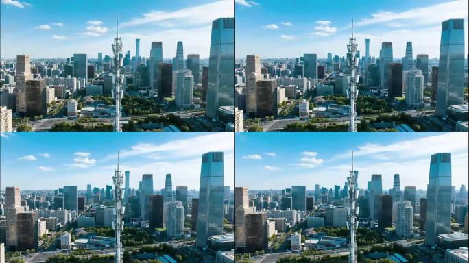 北京CBD城市天际线信号塔5G基站航拍