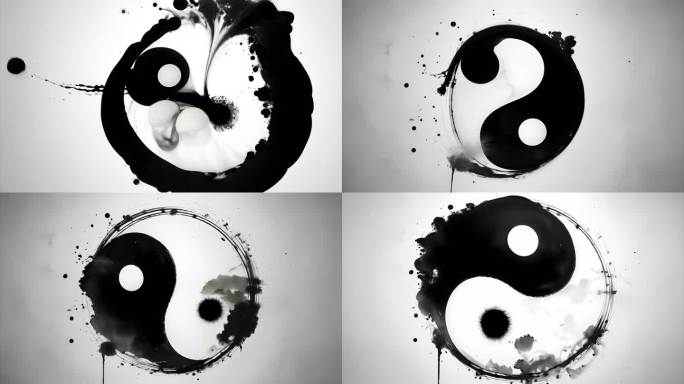水墨散开晕染出现水墨阴阳太极八卦图