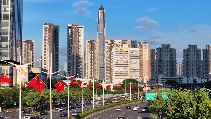 深圳国庆气氛 道路挂满国旗 航拍合集1