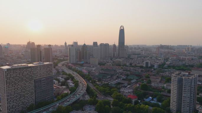 4k航拍山东济南绿地中心夕阳