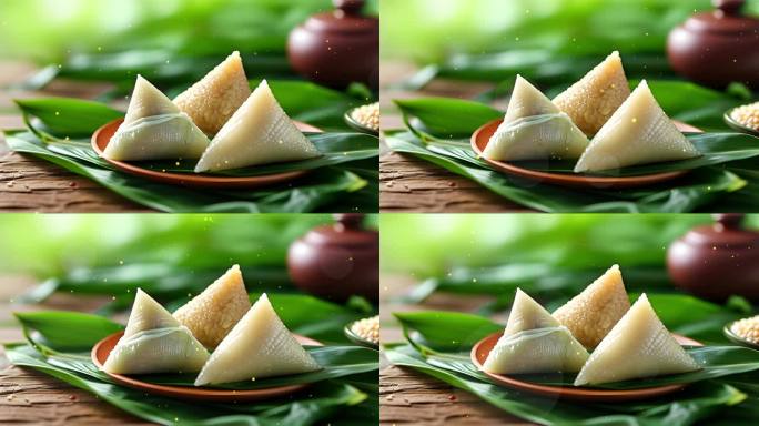 端午节粽子绿叶清新端午粒子背景视频