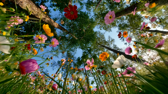 鲜花 仰视 树木 天空 阳光 花丛 草地