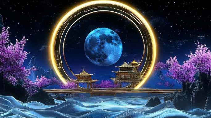 唯美月夜山水国风意境循环