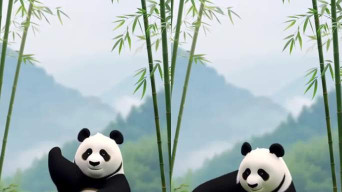 卡通熊猫山水背景