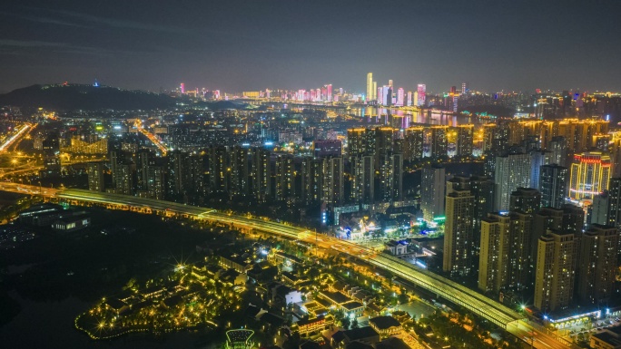 长沙洋湖新城夜景航拍延时