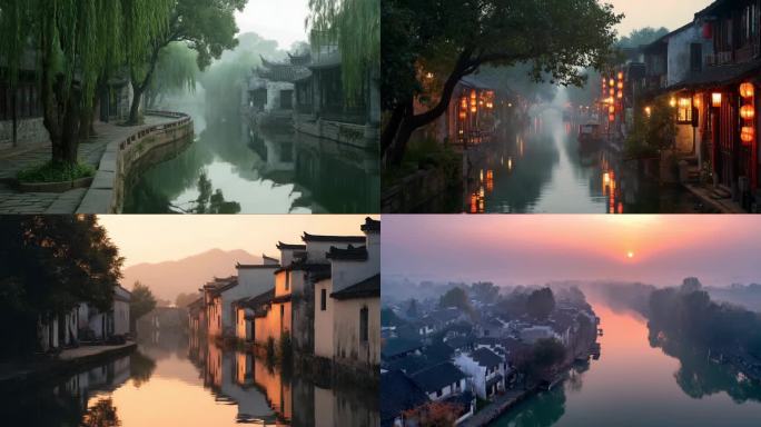 江南水乡日出烟雨朦胧小桥流水古镇风光