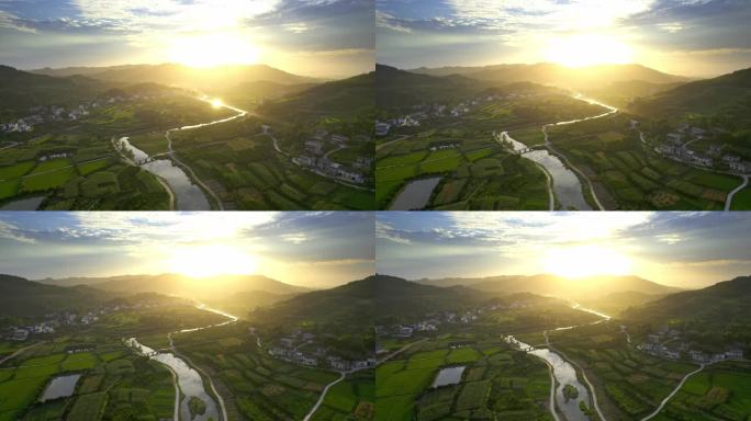 航拍乡村清晨田园风光