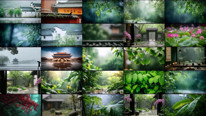 雨景下雨天国风雨中庭院东方意境