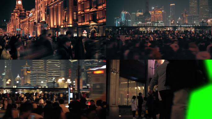 外滩夜景人潮汹涌复古风慢门摄影