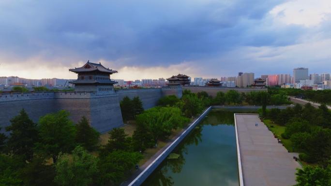 山西大同古城城墙古建筑夜景航拍