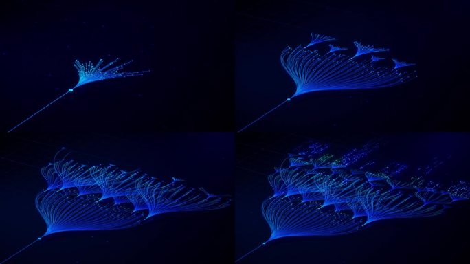 3D等距动画：蓝色分支神经网络在黑色背景上。人工智能、复杂算法、聊天机器人、机器学习和大型语言模型的
