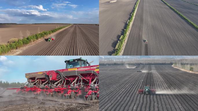 航拍东北黑土地机械播种