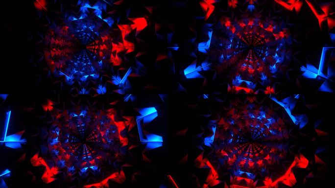 红色和蓝色霓虹灯在尖刺隧道背景中的VJ循环，4K画质。
