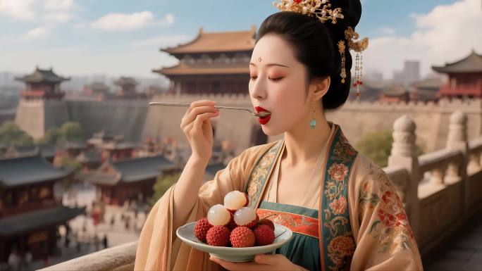 长安荔枝古风美人品尝荔枝