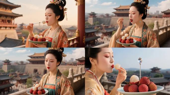 长安荔枝古风美人品尝荔枝
