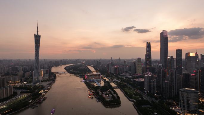 广州珠江两岸大范围航拍日落延时