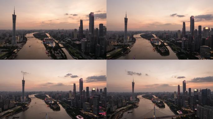 广州珠江两岸大范围航拍日落延时