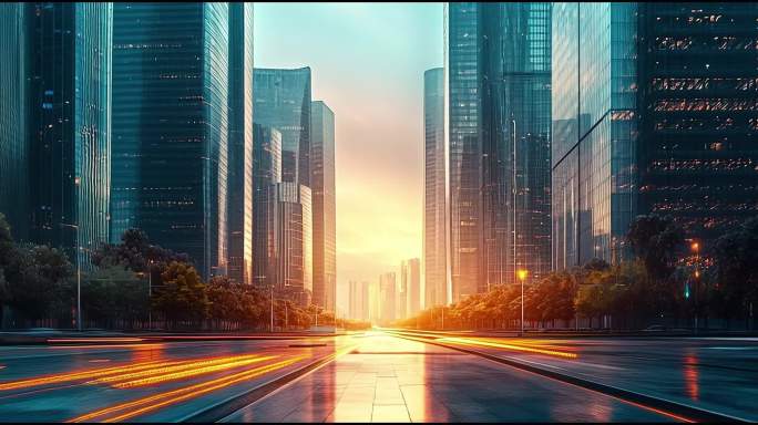 道路穿梭现代科技唯美城市夜景日出光轨大屏