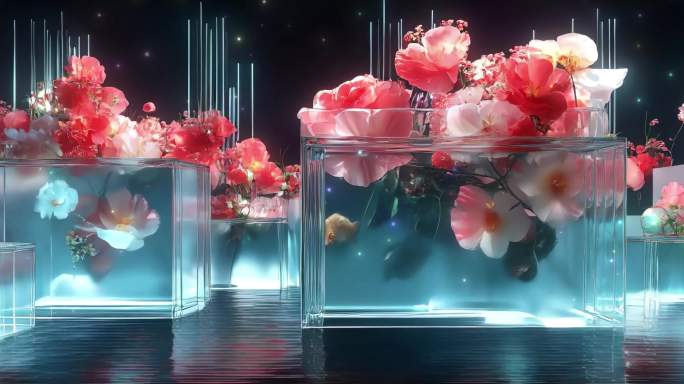 水面上的花卉装置透明方盒中的花卉艺术