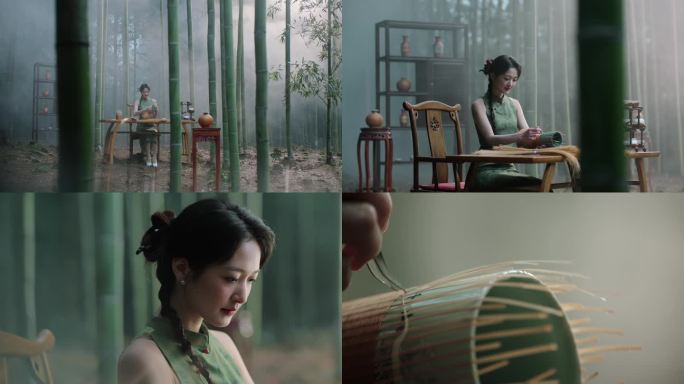 竹编工艺下的东方女性 竹编竹艺 瓷胎竹编