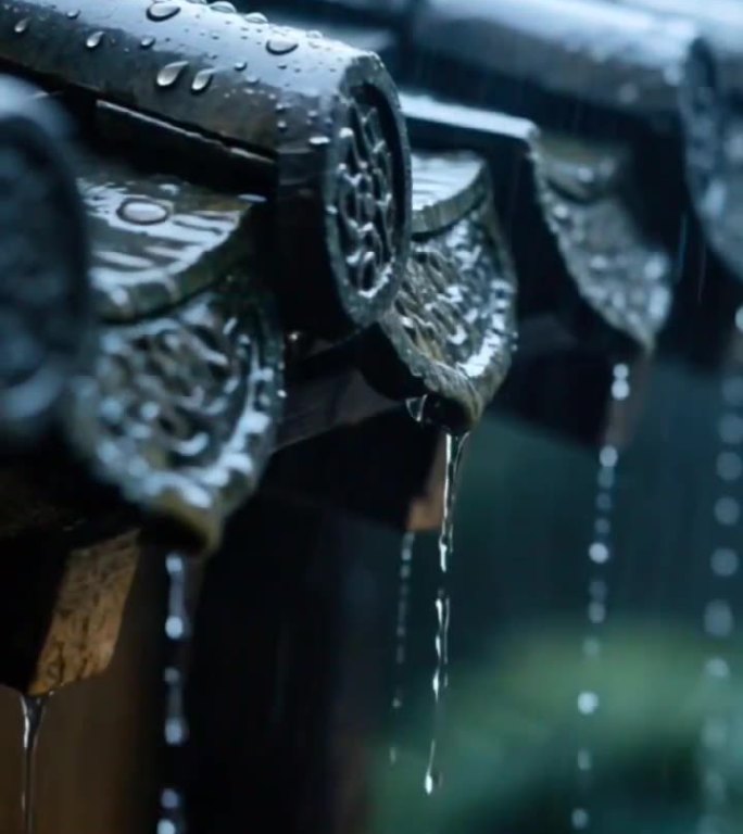 雨中屋檐滴水特写