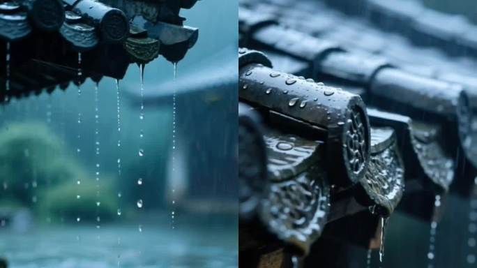 雨中屋檐滴水特写