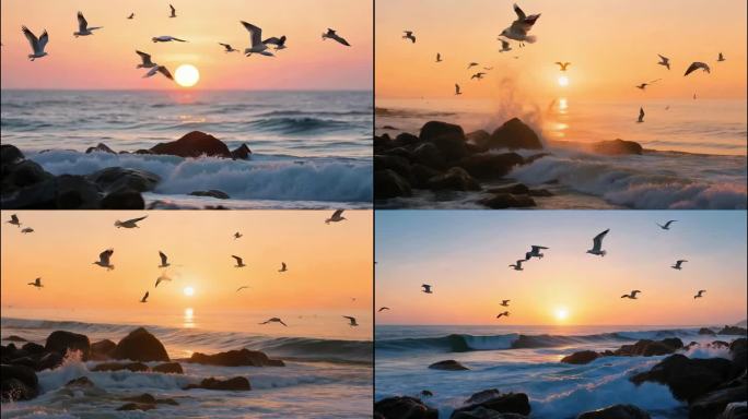 海鸥飞翔的日出海景