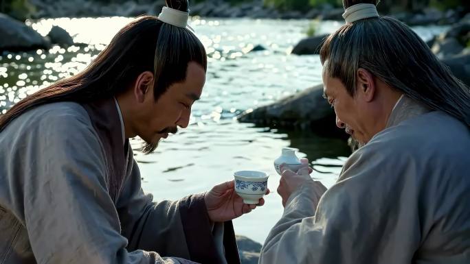 古风雅士水边喝酒 品茗