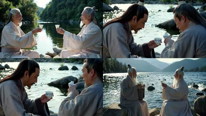 古风雅士水边喝酒 品茗