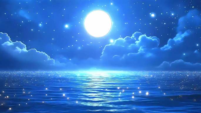 循环梦幻月夜星空月光湖面