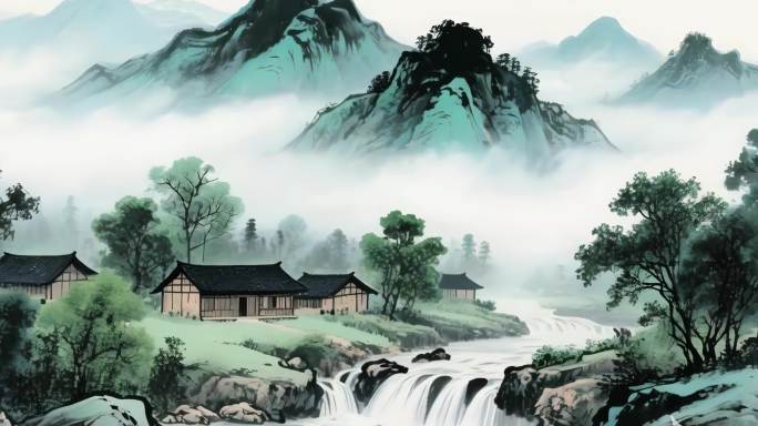 水墨山水河流瀑布诗人泛舟