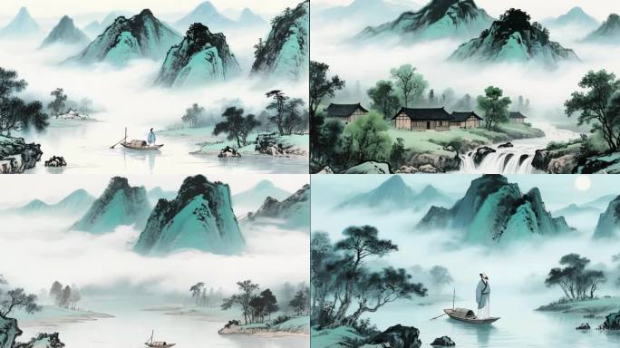 水墨山水河流瀑布诗人泛舟
