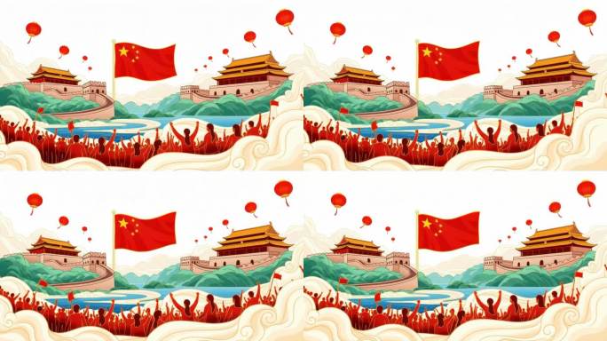 国庆长城国旗人物欢庆画面