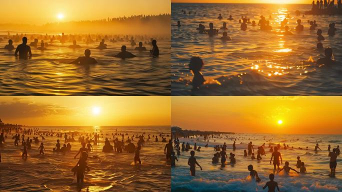 夕阳 海边 沙滩 游泳