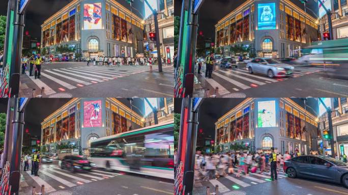 南京路步行街夜景人潮涌动