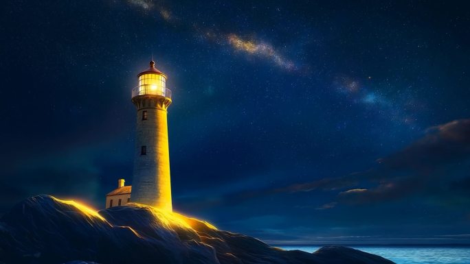 夜幕下的灯塔守望 星空下的海岸灯塔