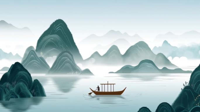 水墨山水泛舟意境