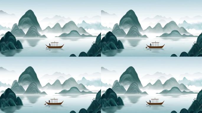 水墨山水泛舟意境