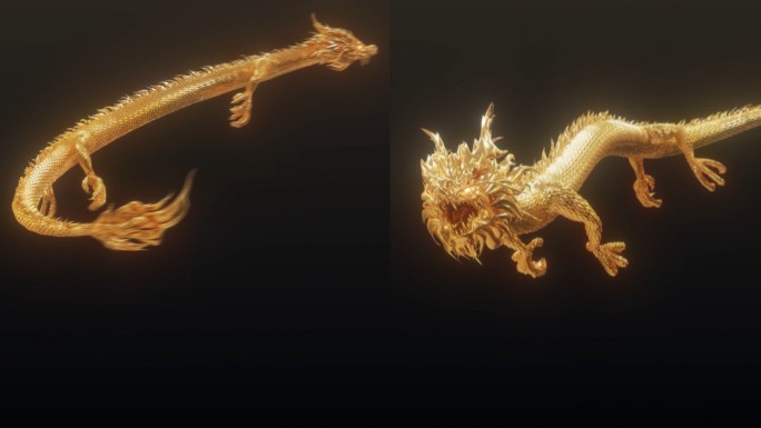 金色中国龙骨骼绑定模型/动画 C4D工程