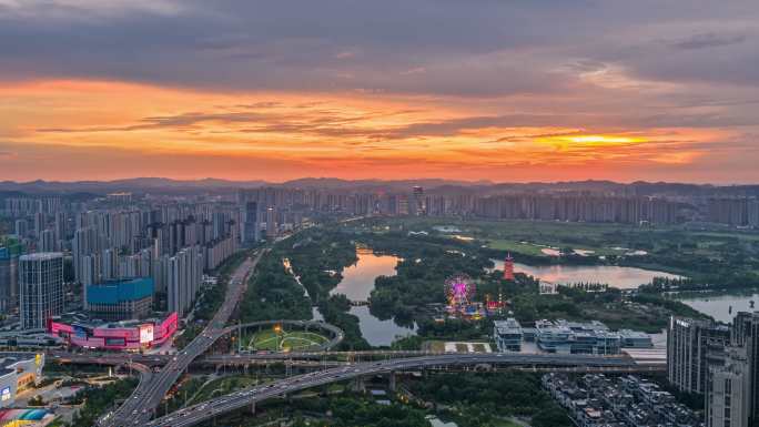 长沙洋湖湿地立交桥晚霞航拍延时