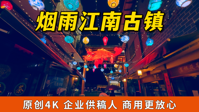 江南水乡古镇街道夜景烟雨