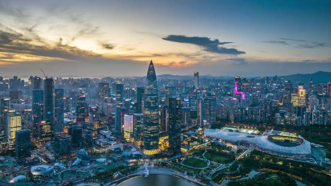 深圳南山人才公园华润大厦日落夜景航拍延时