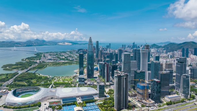 深圳南山深圳湾体育中心华润大厦航拍延时