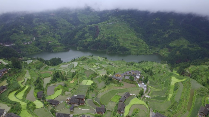 贵州乡村雷山县白岩村梯田村落山间梯田景观