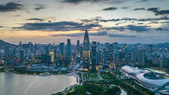 深圳南山人才公园华润大厦日落夜景航拍延时