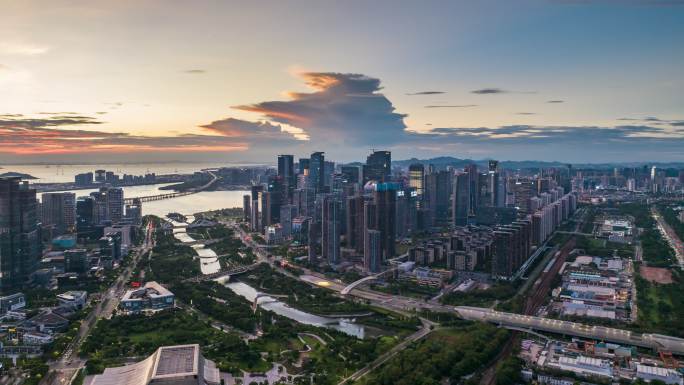 深圳南山前海自贸区桂湾建筑群大气航拍延时